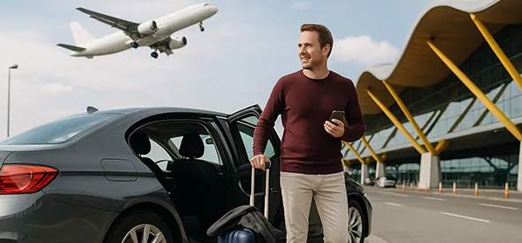 Traveller with luggage beside an airport transfer car